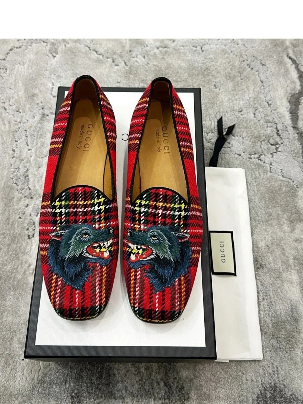 Gucci Red Tartan Plaid Loafers with Embroidered Wolf Motif - Men